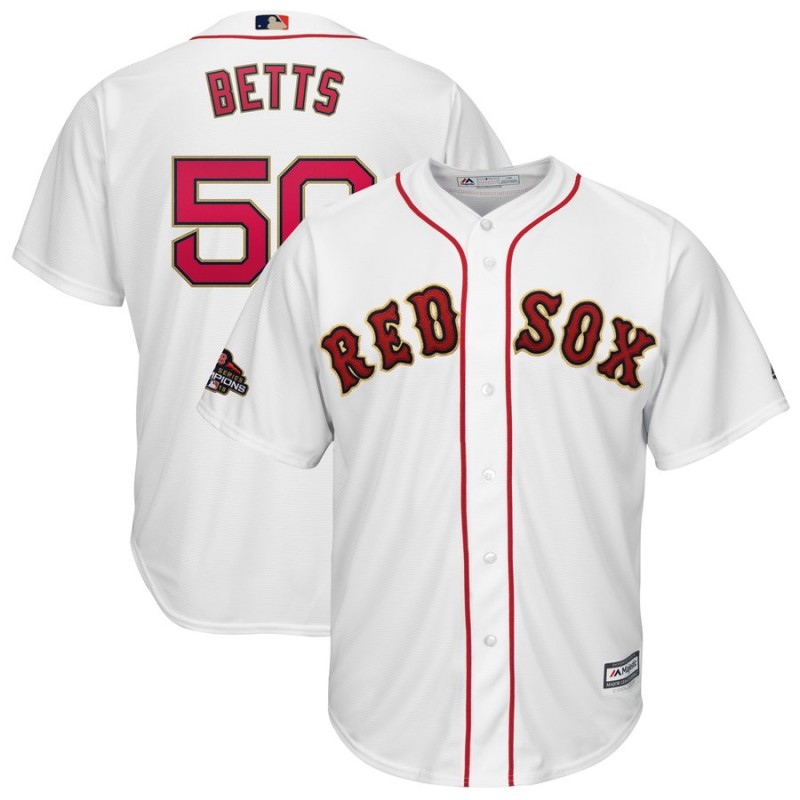 Youth Boston Red Sox #50 Mookie Betts Majestic White 2019 Gold Program Cool Base Stitched MLB Jersey